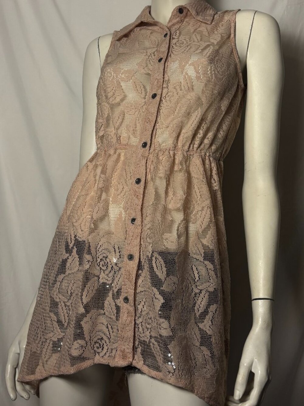 Mimi Chica Blush Pink Floral Lace High-Low Button-Up Dress Size Small